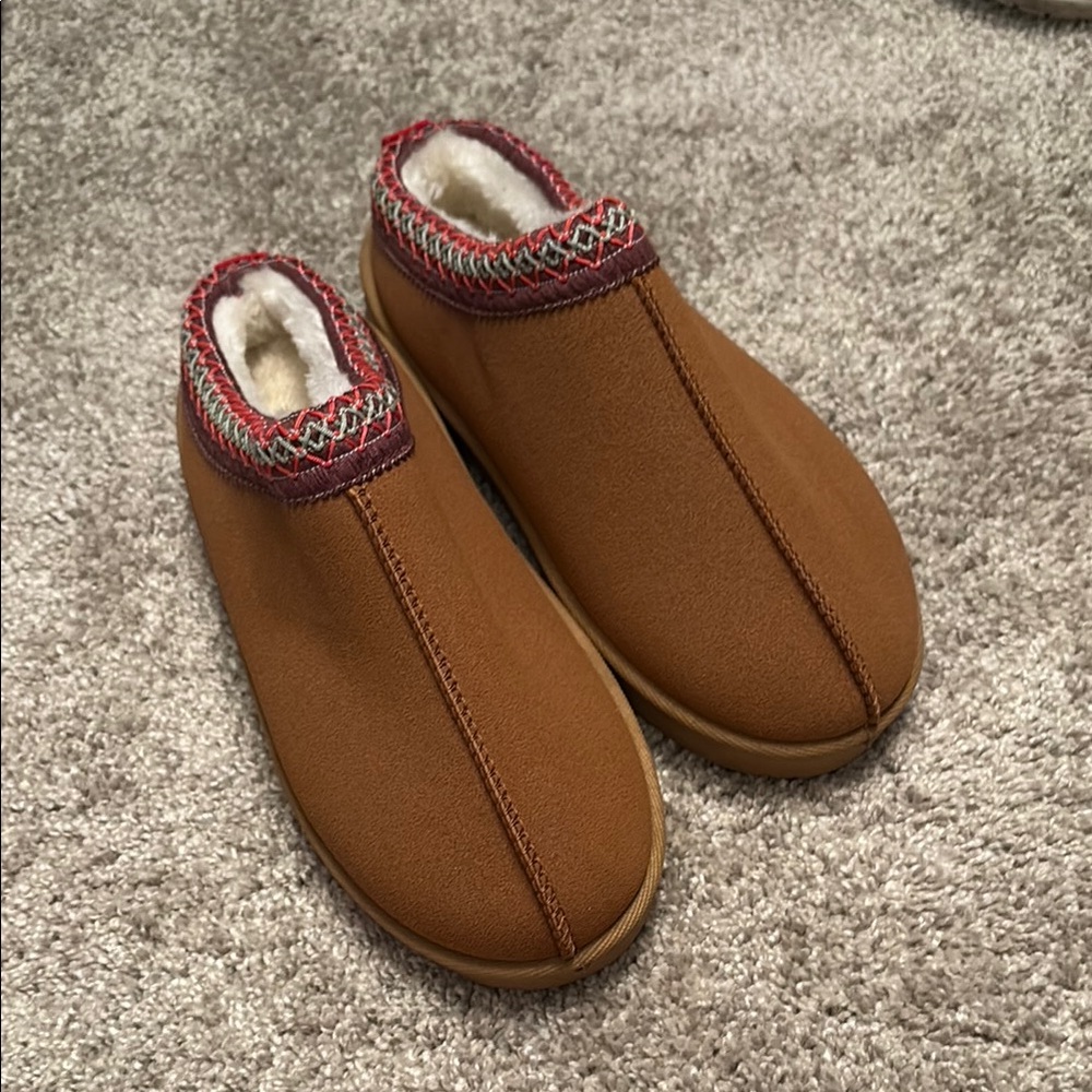 Brown Slip-On Shoes with Red Patterned Trim